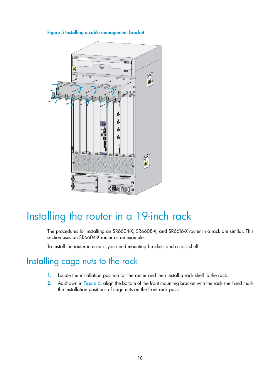 Installing the router in a 19-inch rack, Installing cage nuts to the rack | H3C Technologies H3C SR6600-X User Manual | Page 20 / 150