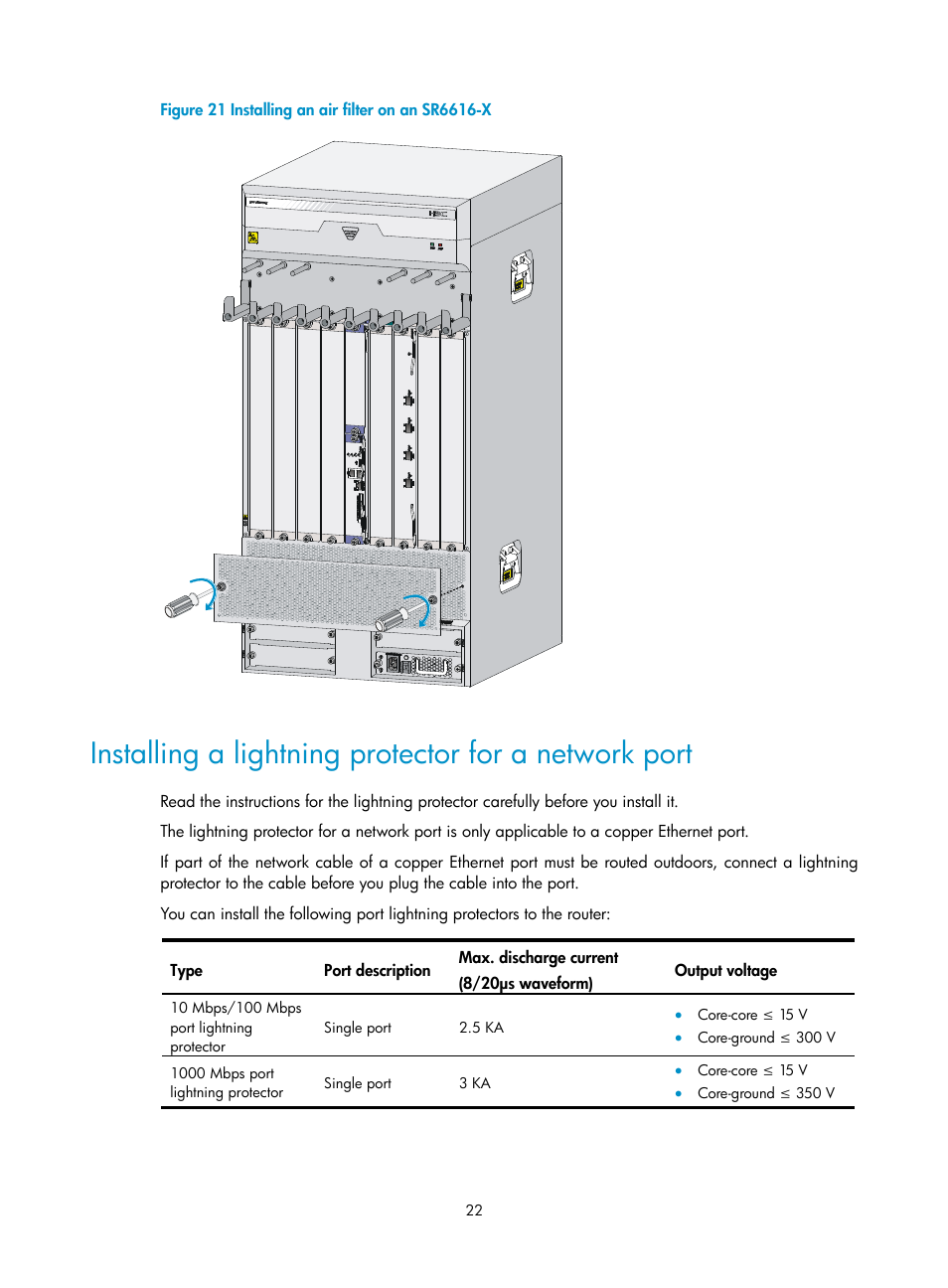 Installing a lightning protector for a, Network port | H3C Technologies H3C SR6600-X User Manual | Page 32 / 150