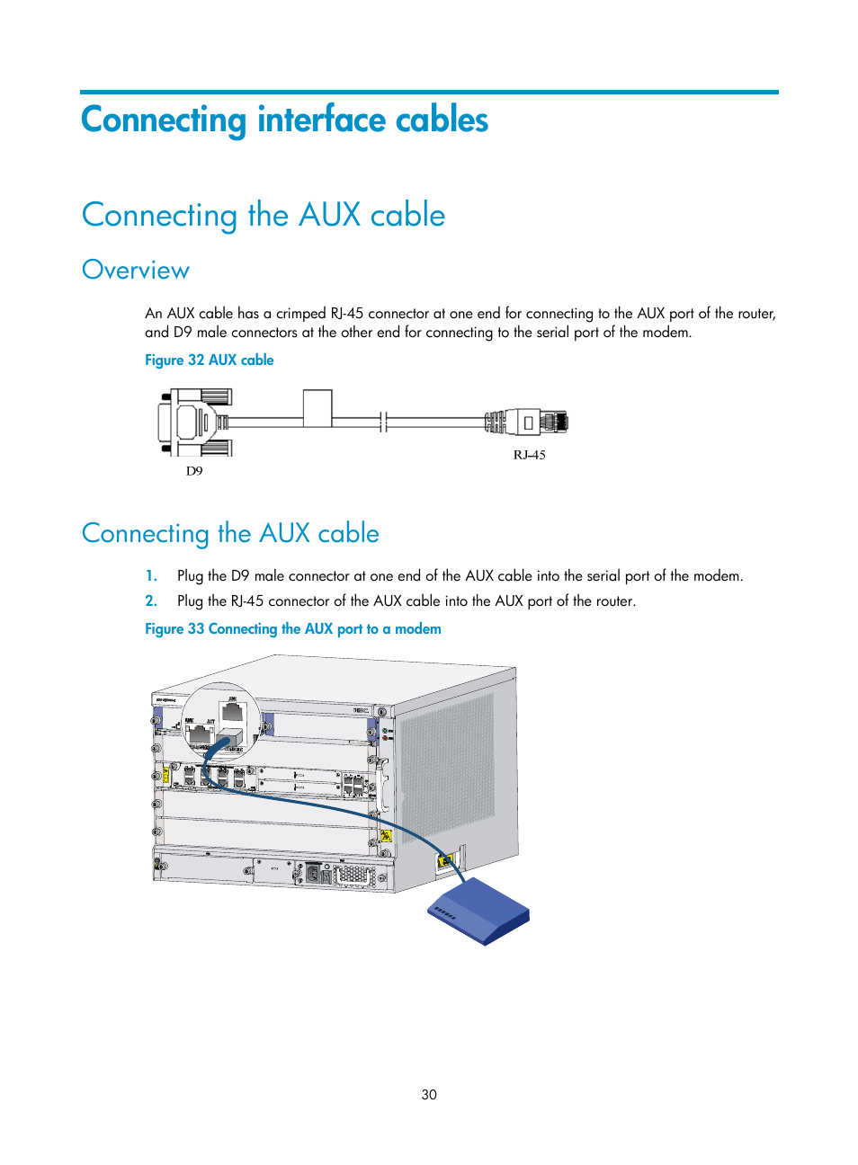 Connecting interface cables, Connecting the aux cable, Overview | H3C Technologies H3C SR6600-X User Manual | Page 40 / 150