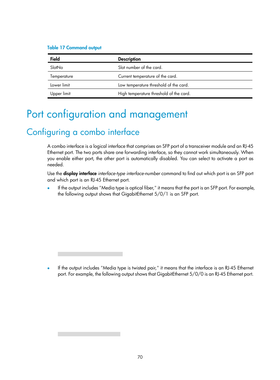 Port configuration and management, Configuring a combo interface | H3C Technologies H3C SR6600-X User Manual | Page 80 / 150