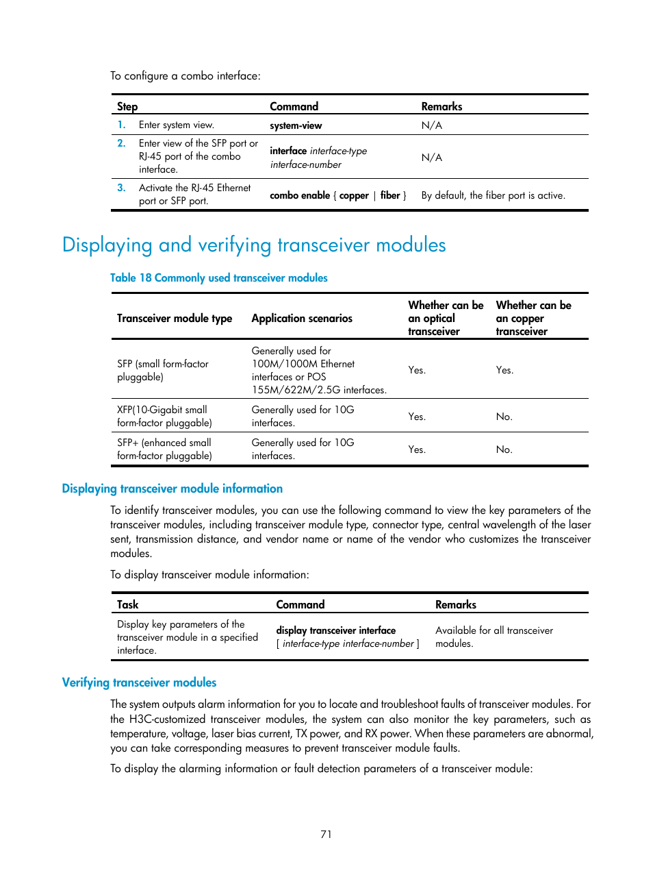 Displaying and verifying transceiver modules, Displaying transceiver module information, Verifying transceiver modules | H3C Technologies H3C SR6600-X User Manual | Page 81 / 150