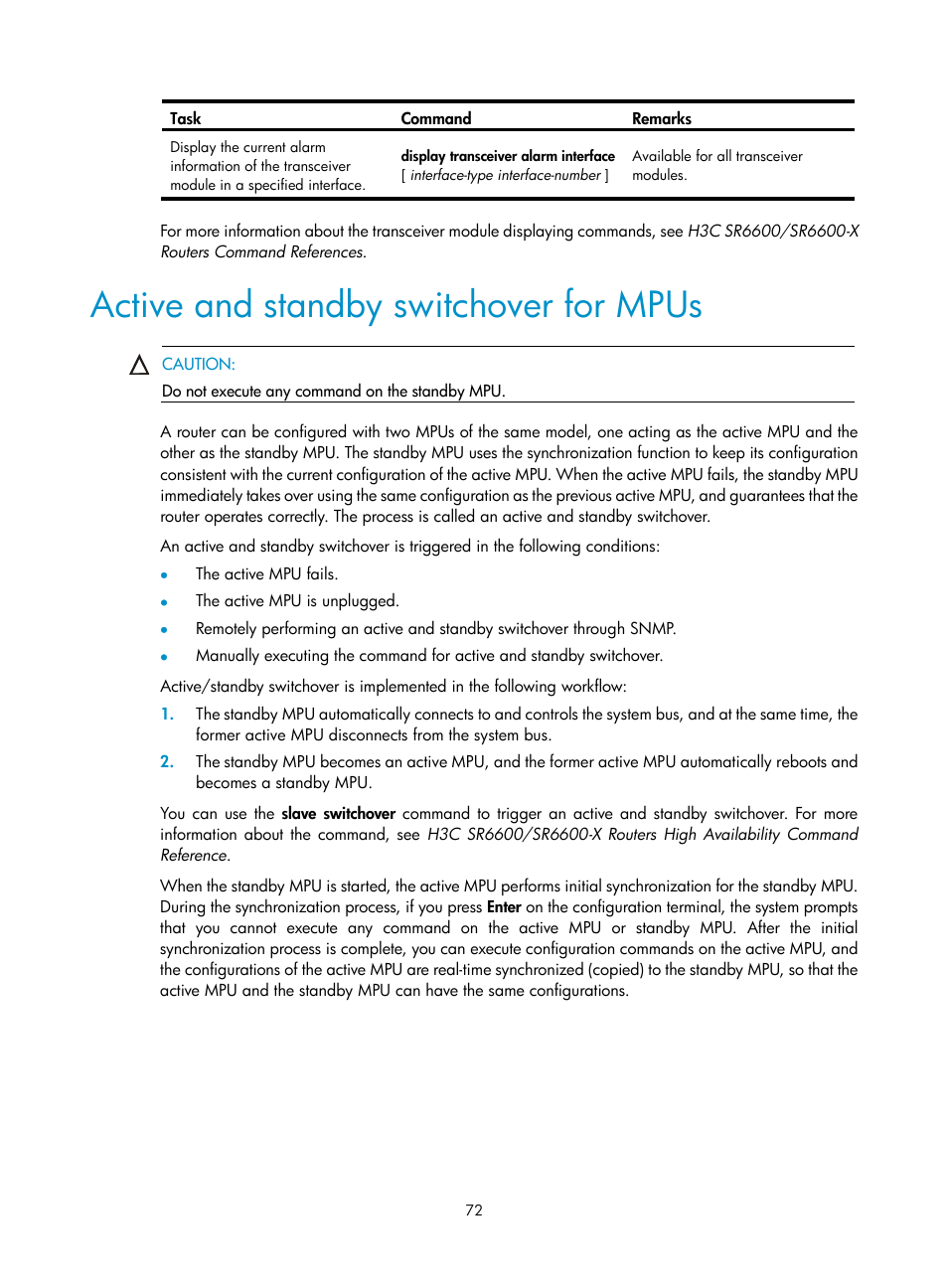 Active and standby switchover for mpus | H3C Technologies H3C SR6600-X User Manual | Page 82 / 150