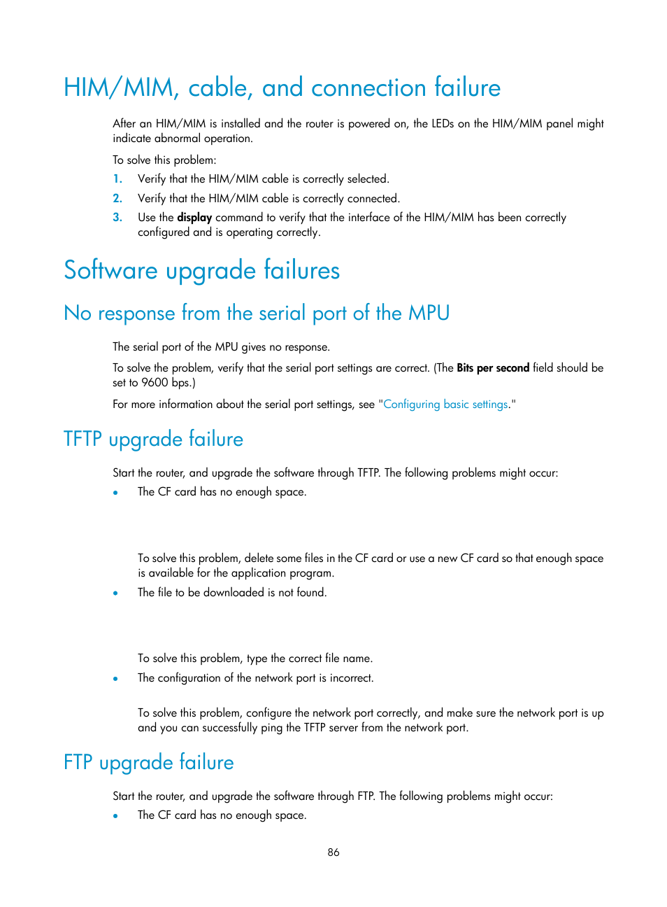Him/mim, cable, and connection failure, Software upgrade failures, No response from the serial port of the mpu | Tftp upgrade failure, Ftp upgrade failure | H3C Technologies H3C SR6600-X User Manual | Page 96 / 150