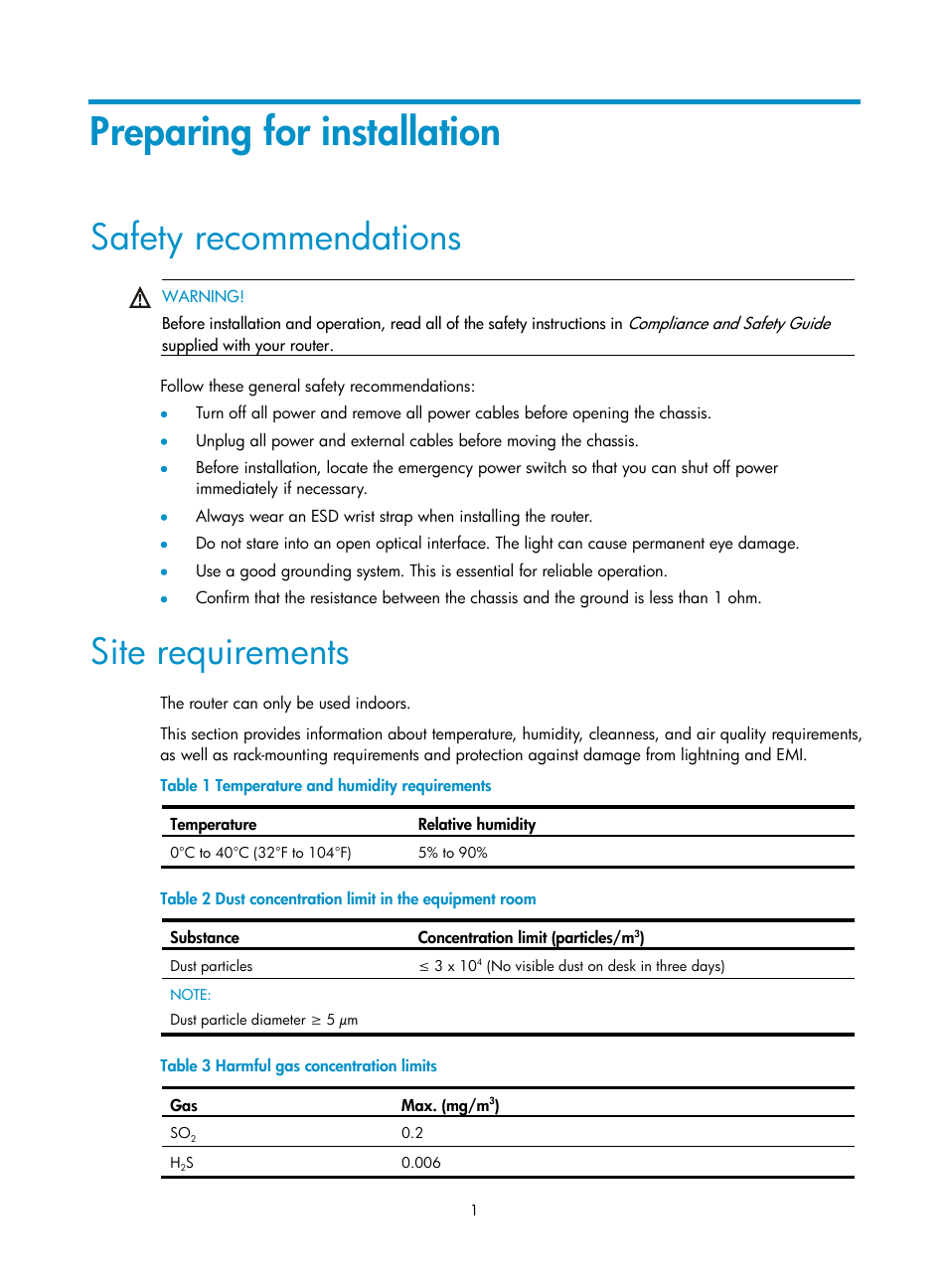 Preparing for installation, Safety recommendations, Site requirements | H3C Technologies H3C MSR 800 User Manual | Page 8 / 41