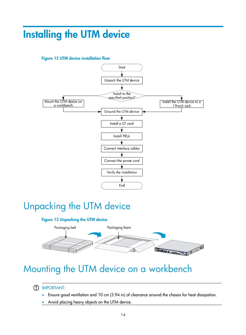 Installing the utm device, Unpacking the utm device, Mounting the utm device on a workbench | H3C Technologies H3C SecPath U200-A U200-M U200-S User Manual | Page 23 / 83