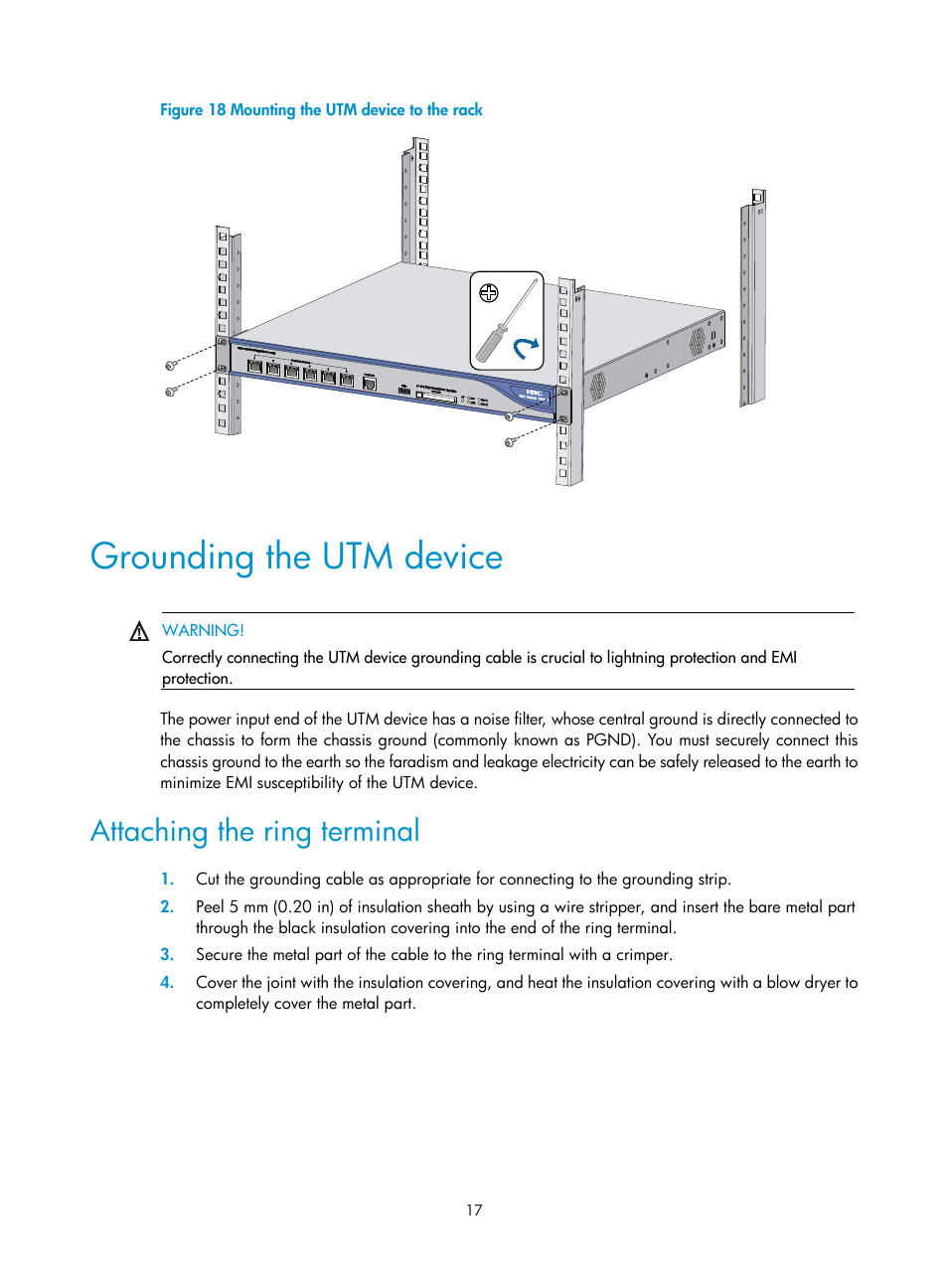 Grounding the utm device, Attaching the ring terminal | H3C Technologies H3C SecPath U200-A U200-M U200-S User Manual | Page 26 / 83