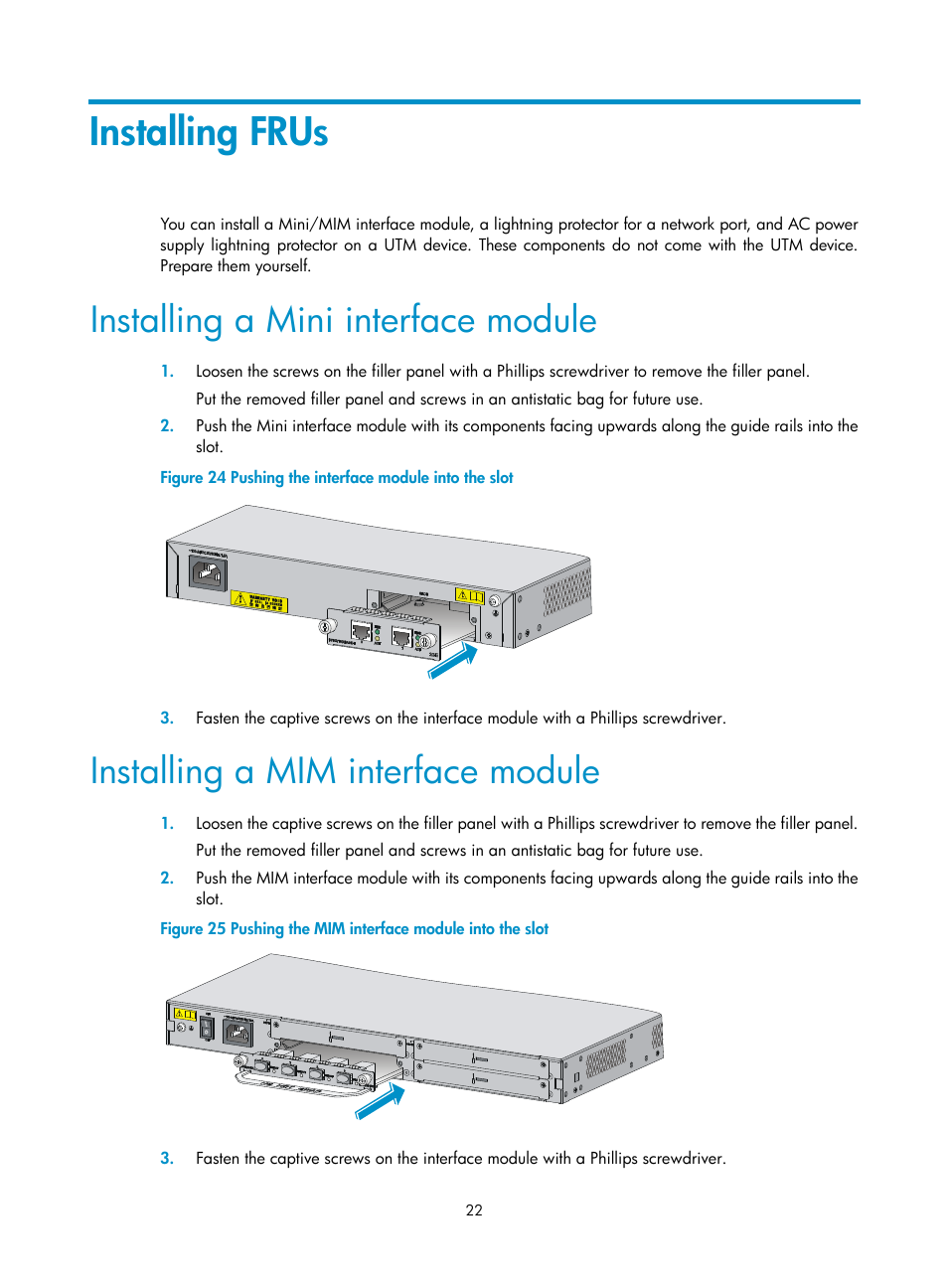 Installing frus, Installing a mini interface module, Installing a mim interface module | H3C Technologies H3C SecPath U200-A U200-M U200-S User Manual | Page 31 / 83