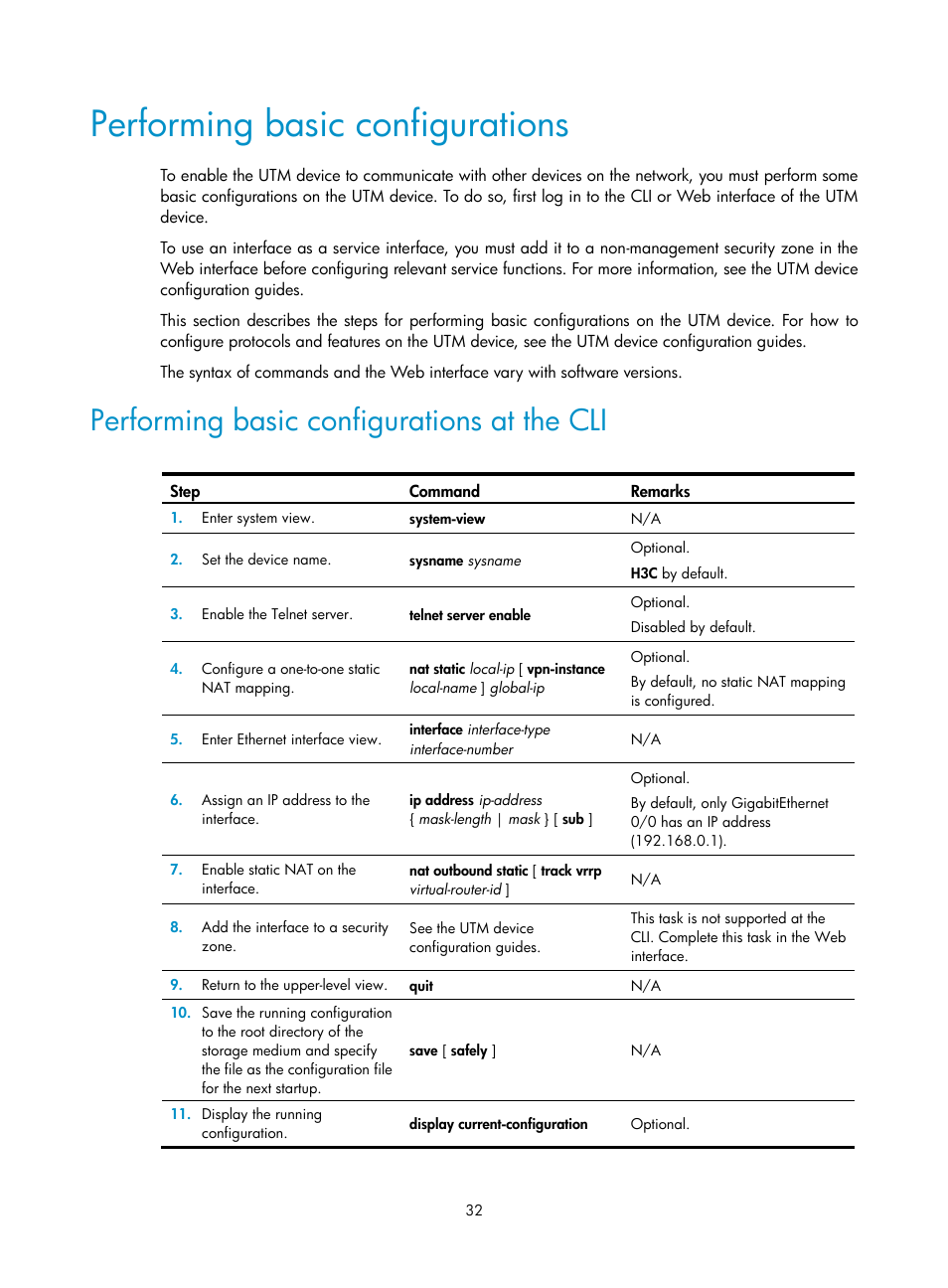 Performing basic configurations, Performing basic configurations at the cli | H3C Technologies H3C SecPath U200-A U200-M U200-S User Manual | Page 41 / 83