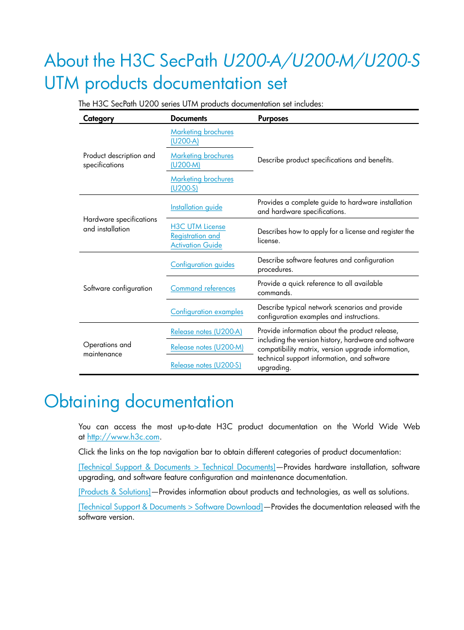 Obtaining documentation | H3C Technologies H3C SecPath U200-A U200-M U200-S User Manual | Page 5 / 83