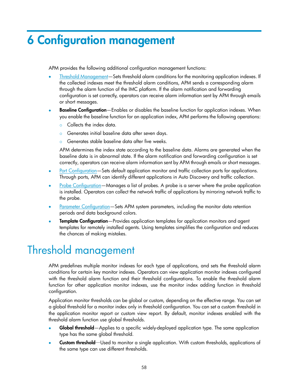 6 configuration management, Threshold management, 6 configuration | Management | H3C Technologies H3C Intelligent Management Center User Manual | Page 72 / 740