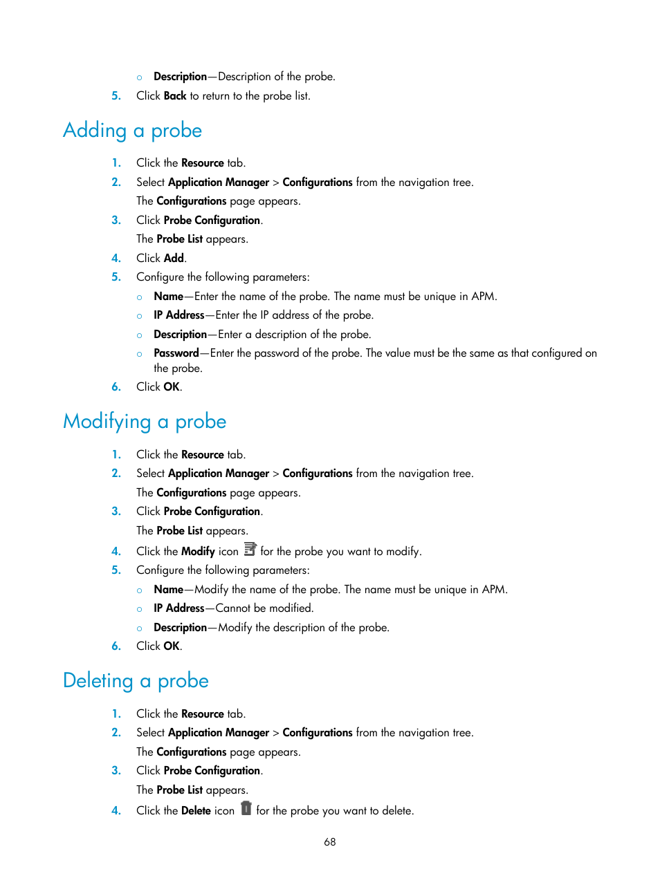 Adding a probe, Modifying a probe, Deleting a probe | H3C Technologies H3C Intelligent Management Center User Manual | Page 82 / 740