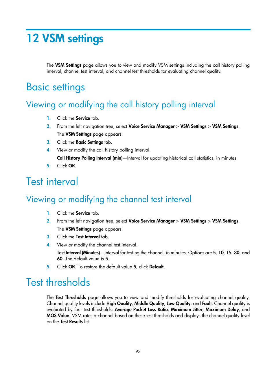 12 vsm settings, Basic settings, Test interval | Viewing or modifying the channel test interval, Test thresholds | H3C Technologies H3C Intelligent Management Center User Manual | Page 102 / 145