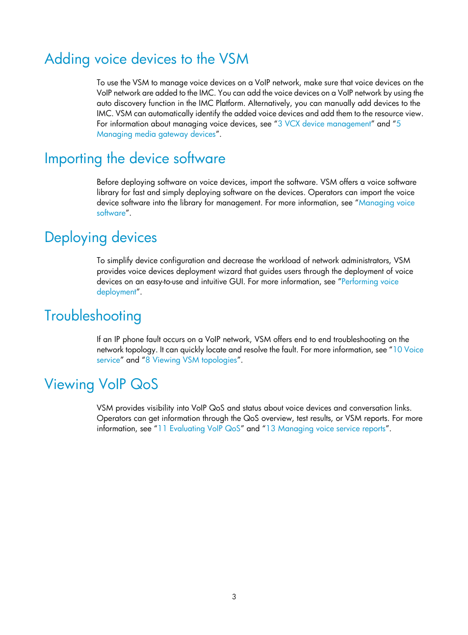 Adding voice devices to the vsm, Importing the device software, Deploying devices | Troubleshooting, Viewing voip qos | H3C Technologies H3C Intelligent Management Center User Manual | Page 12 / 145