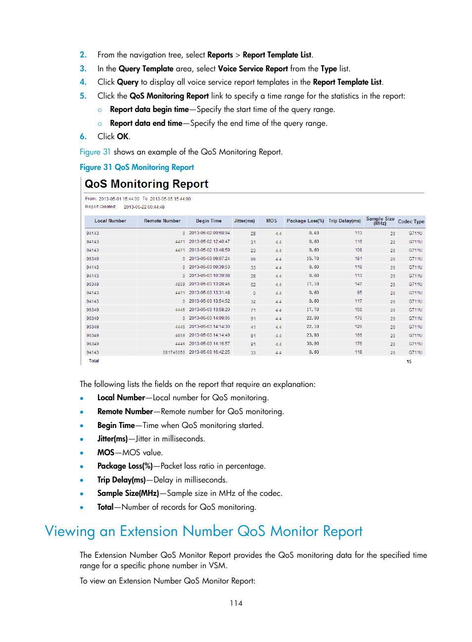 Viewing an extension number qos monitor report | H3C Technologies H3C Intelligent Management Center User Manual | Page 123 / 145