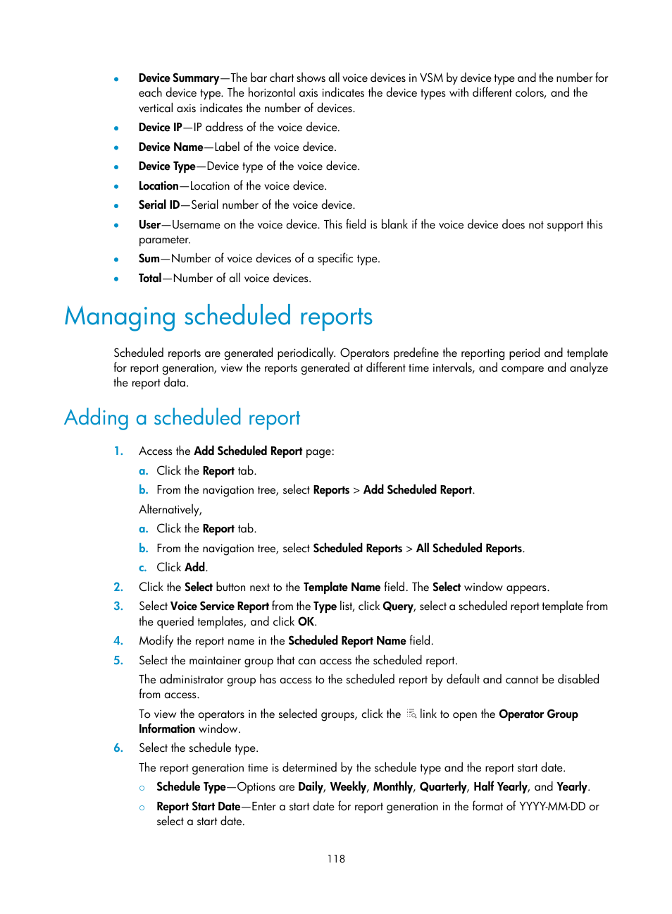 Managing scheduled reports, Adding a scheduled report | H3C Technologies H3C Intelligent Management Center User Manual | Page 127 / 145