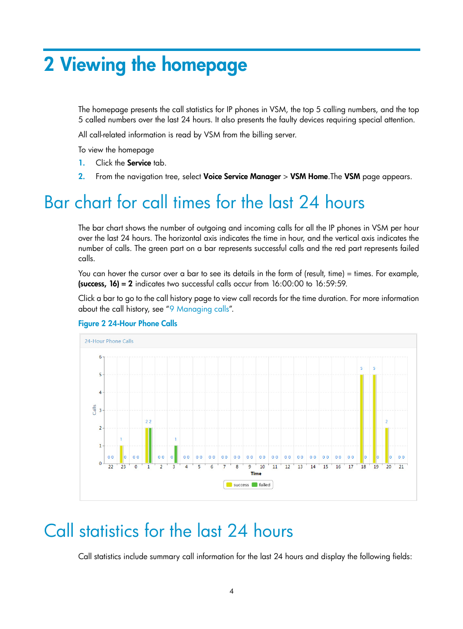 Bar chart for call times for the last 24 hours, Call statistics for the last 24 hours, 2 viewing the homepage | H3C Technologies H3C Intelligent Management Center User Manual | Page 13 / 145