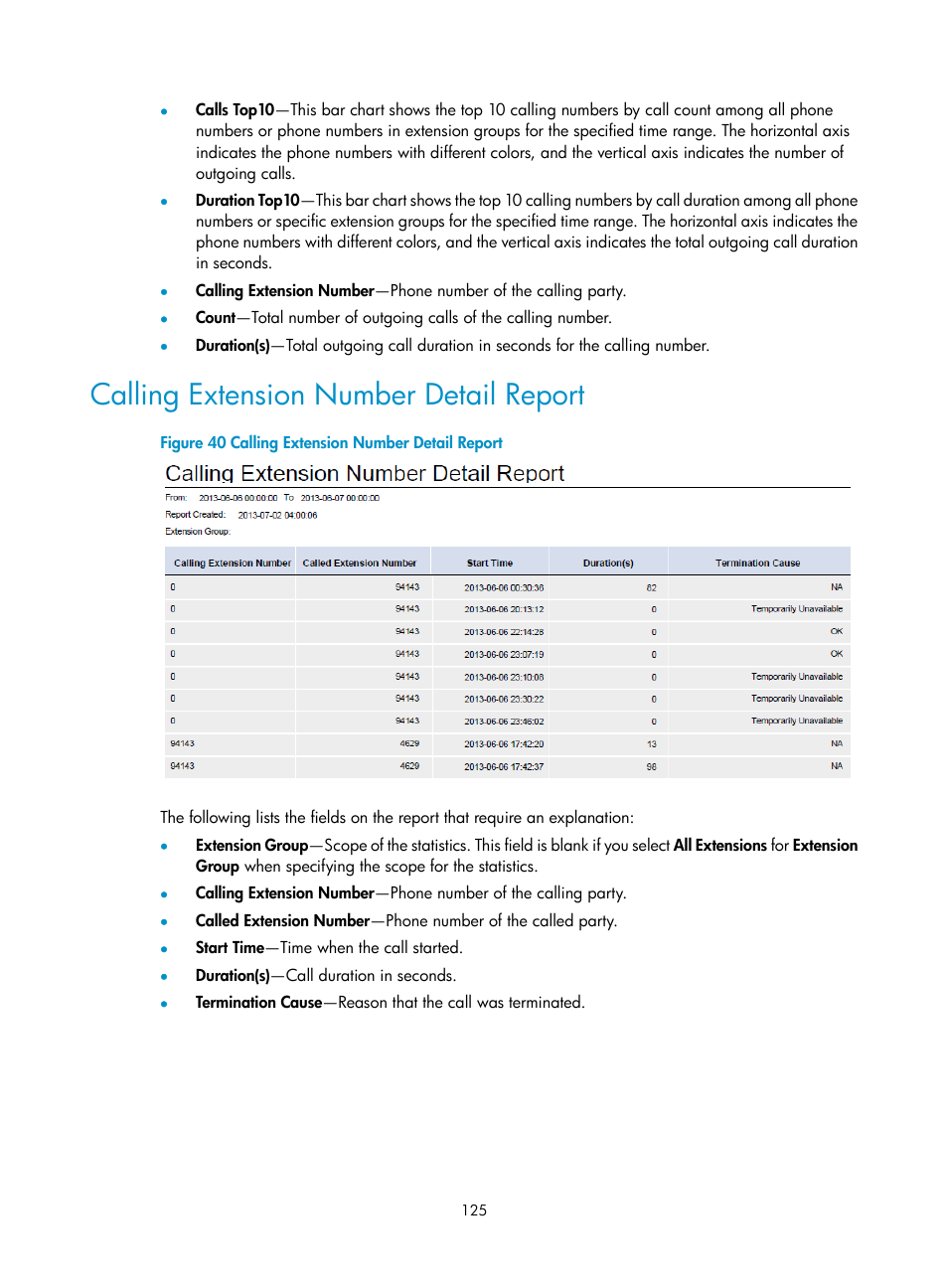 Calling extension number detail report | H3C Technologies H3C Intelligent Management Center User Manual | Page 134 / 145