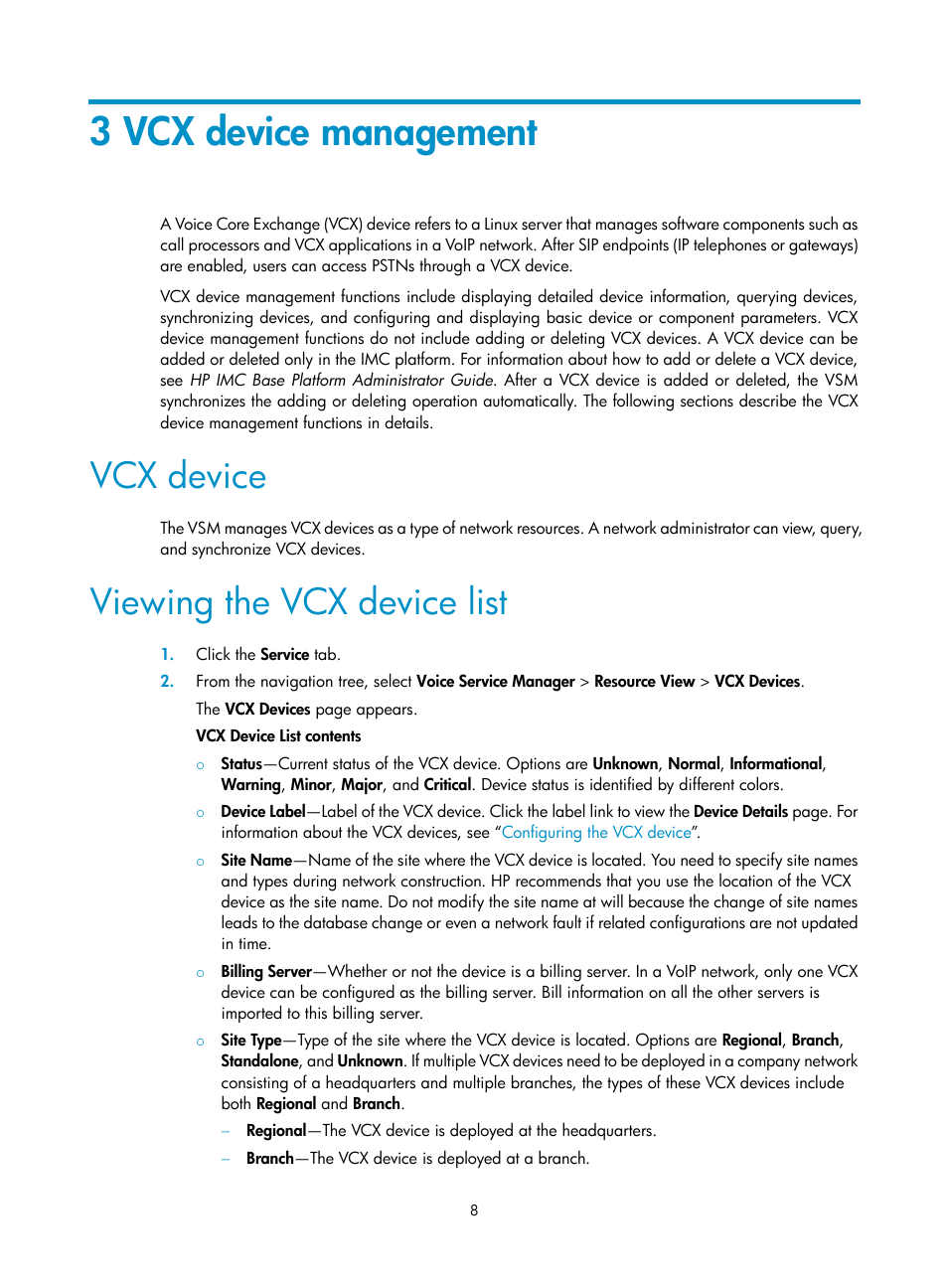 3 vcx device management, Vcx device, Viewing the vcx device list | S, see, 3 vcx device, Management | H3C Technologies H3C Intelligent Management Center User Manual | Page 17 / 145