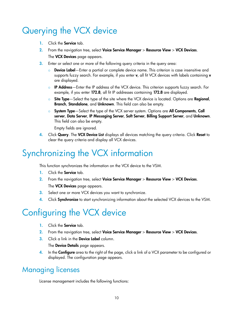 Querying the vcx device, Synchronizing the vcx information, Configuring the vcx device | Managing licenses | H3C Technologies H3C Intelligent Management Center User Manual | Page 19 / 145