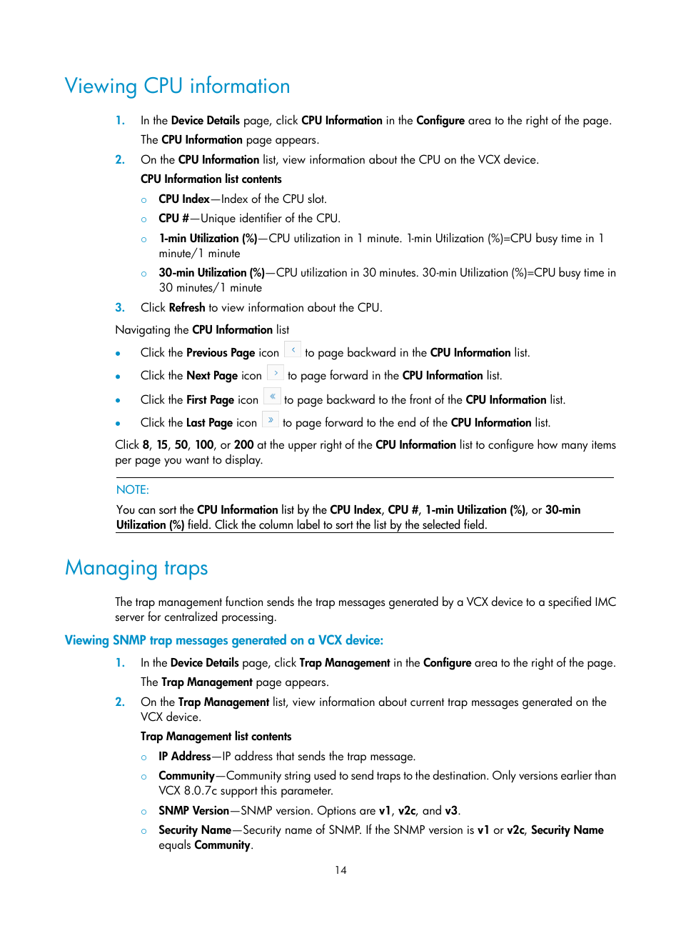 Viewing cpu information, Managing traps | H3C Technologies H3C Intelligent Management Center User Manual | Page 23 / 145