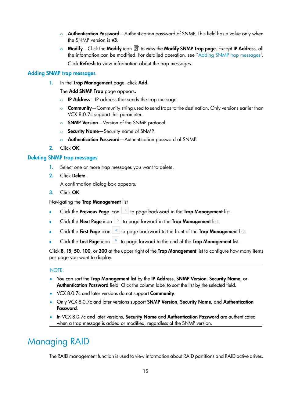 Adding snmp trap messages, Deleting snmp trap messages, Managing raid | H3C Technologies H3C Intelligent Management Center User Manual | Page 24 / 145