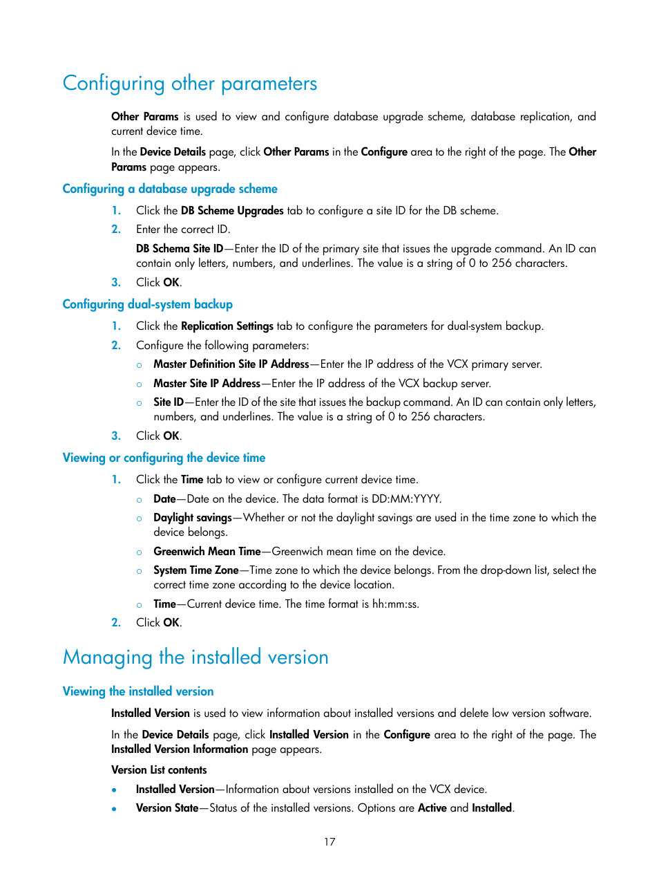 Configuring other parameters, Configuring a database upgrade scheme, Configuring dual-system backup | Viewing or configuring the device time, Managing the installed version, Viewing the installed version | H3C Technologies H3C Intelligent Management Center User Manual | Page 26 / 145