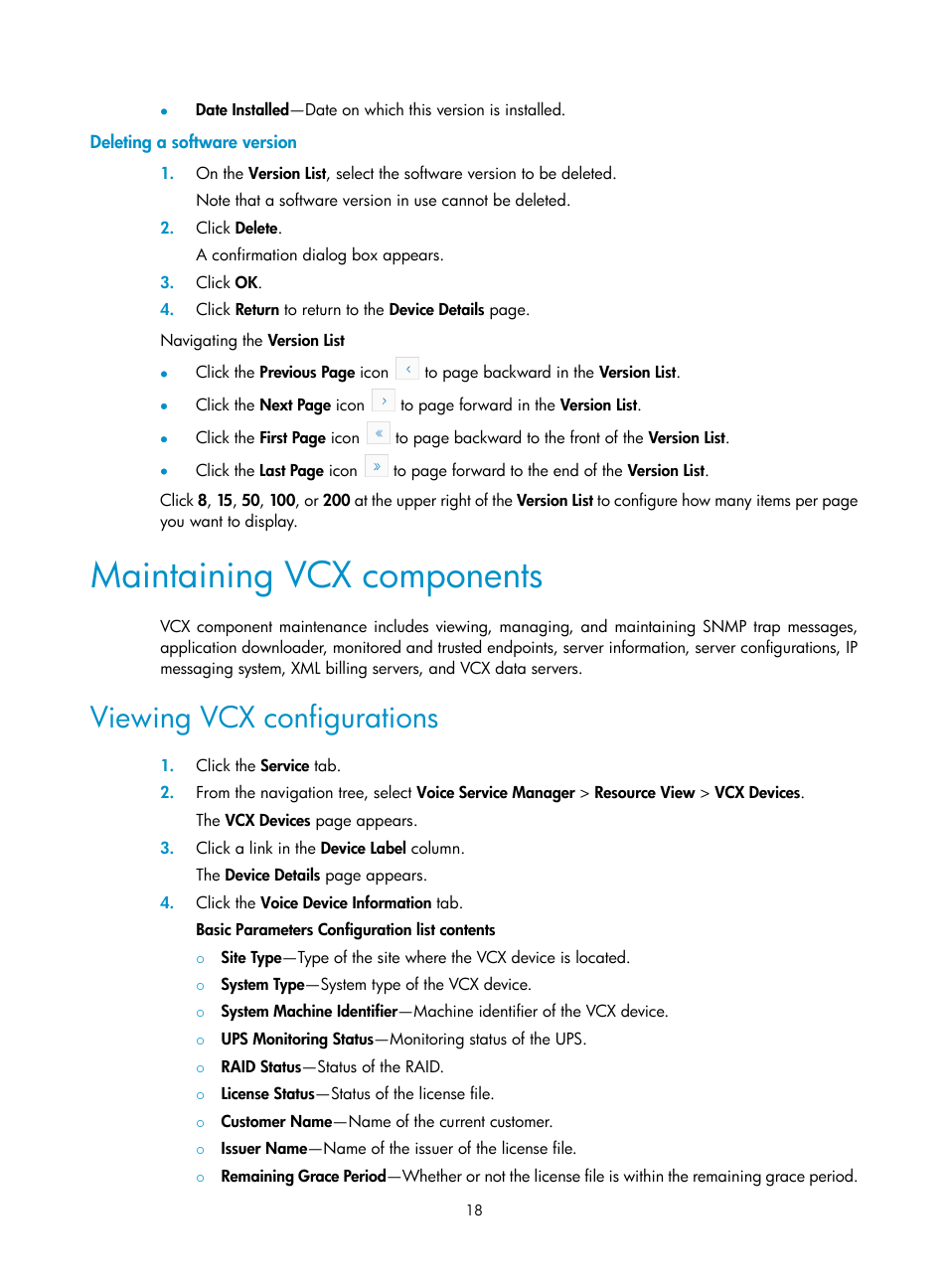 Deleting a software version, Maintaining vcx components, Viewing vcx configurations | H3C Technologies H3C Intelligent Management Center User Manual | Page 27 / 145