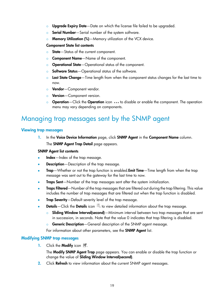 Managing trap messages sent by the snmp agent, Viewing trap messages, Modifying snmp trap messages | H3C Technologies H3C Intelligent Management Center User Manual | Page 28 / 145