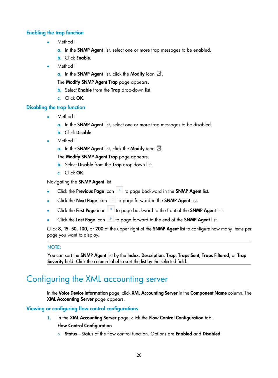 Enabling the trap function, Disabling the trap function, Configuring the xml accounting server | Viewing or configuring flow control configurations | H3C Technologies H3C Intelligent Management Center User Manual | Page 29 / 145