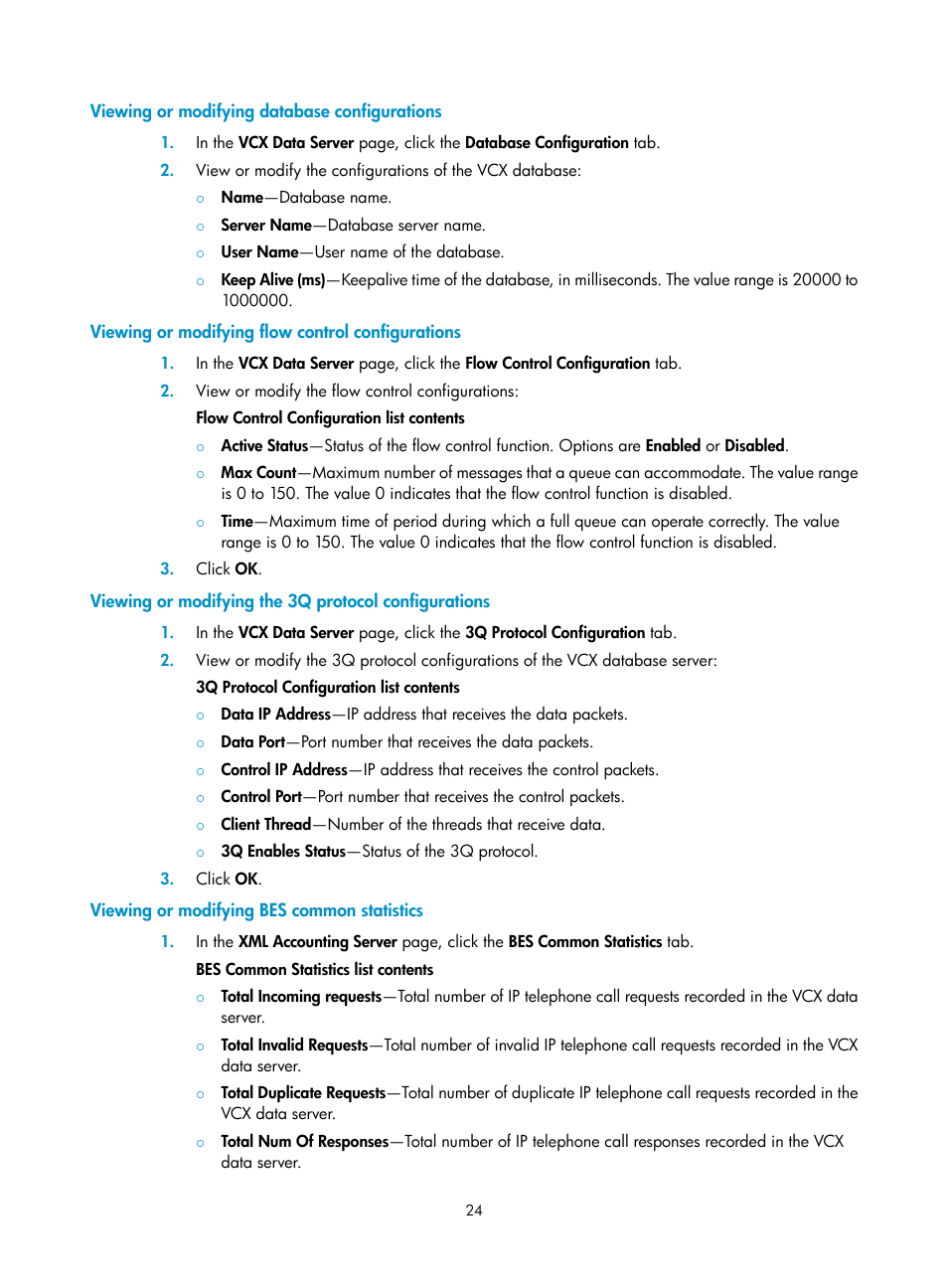 Viewing or modifying database configurations, Viewing or modifying flow control configurations, Viewing or modifying bes common statistics | H3C Technologies H3C Intelligent Management Center User Manual | Page 33 / 145