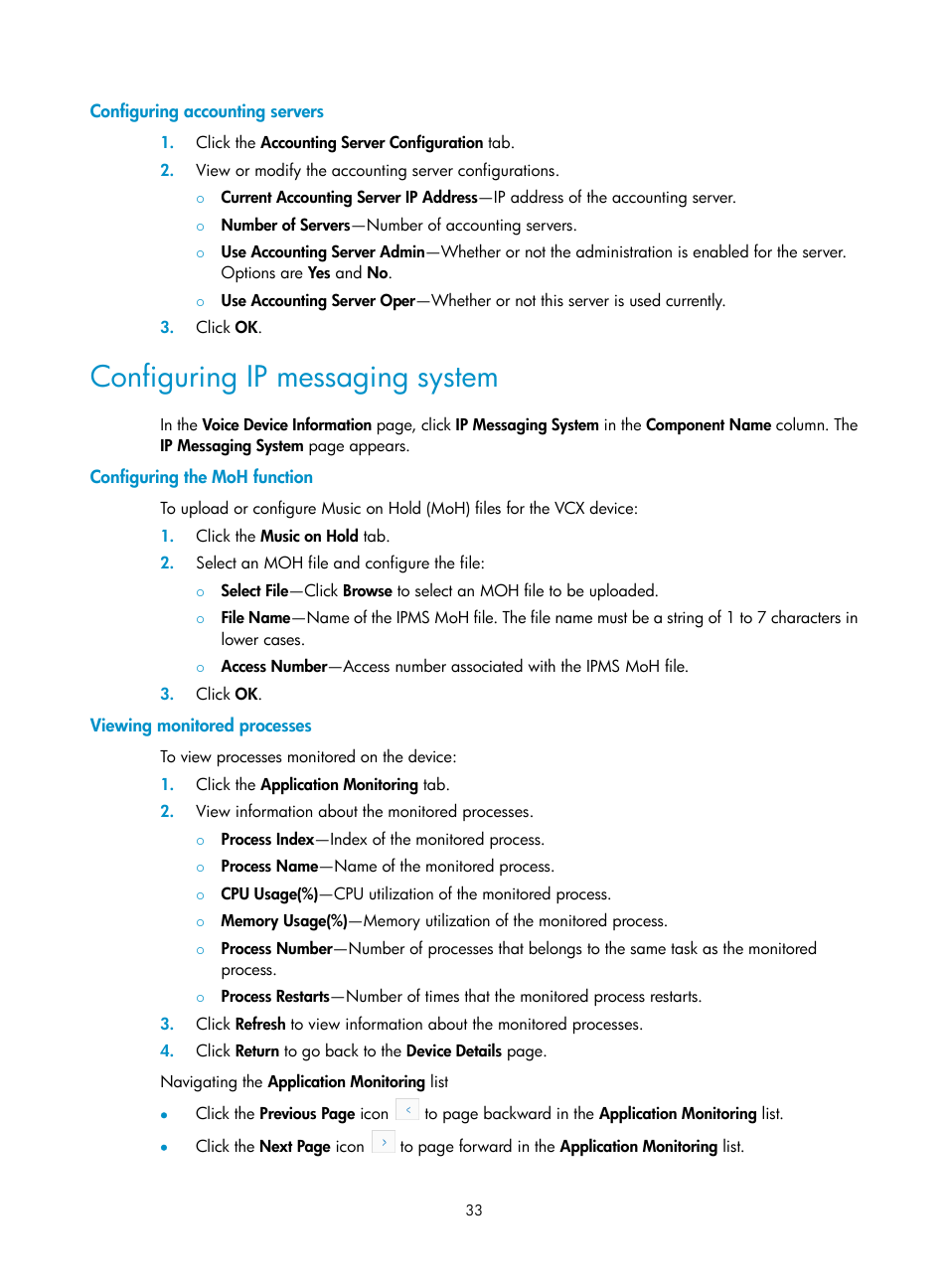 Configuring accounting servers, Configuring ip messaging system, Configuring the moh function | Viewing monitored processes | H3C Technologies H3C Intelligent Management Center User Manual | Page 42 / 145