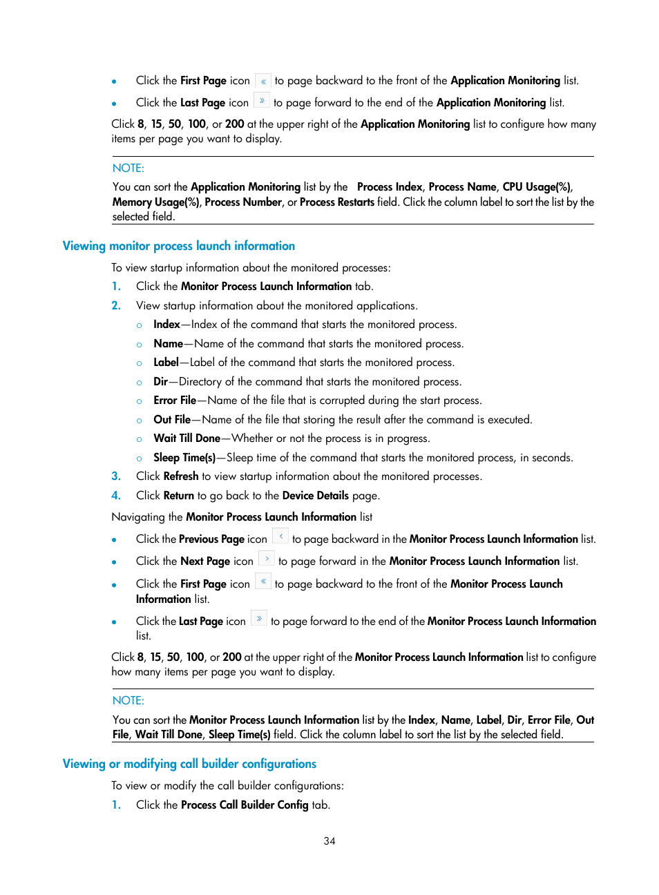 Viewing monitor process launch information, Viewing or modifying call builder configurations | H3C Technologies H3C Intelligent Management Center User Manual | Page 43 / 145