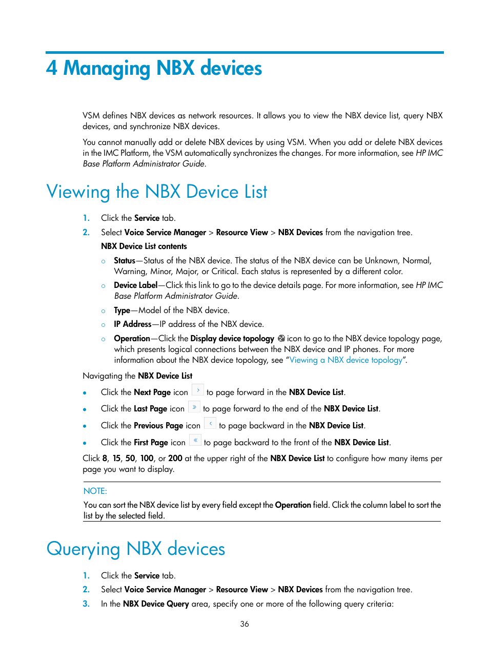 4 managing nbx devices, Viewing the nbx device list, Querying nbx devices | H3C Technologies H3C Intelligent Management Center User Manual | Page 45 / 145