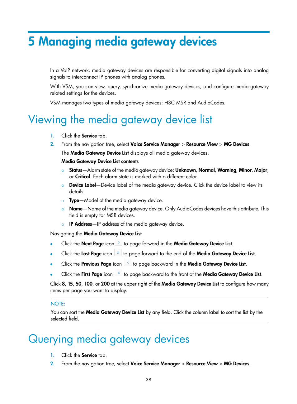 5 managing media gateway devices, Viewing the media gateway device list, Querying media gateway devices | Managing media gateway, Devices | H3C Technologies H3C Intelligent Management Center User Manual | Page 47 / 145