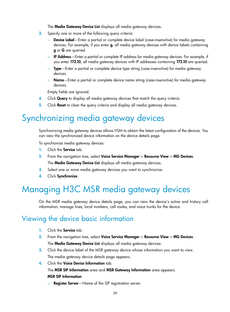 Synchronizing media gateway devices, Managing h3c msr media gateway devices, Viewing the device basic information | H3C Technologies H3C Intelligent Management Center User Manual | Page 48 / 145