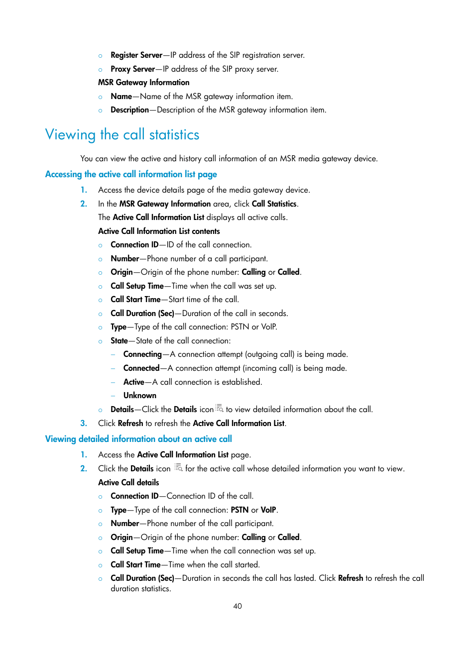 Viewing the call statistics, Viewing detailed information about an active call | H3C Technologies H3C Intelligent Management Center User Manual | Page 49 / 145