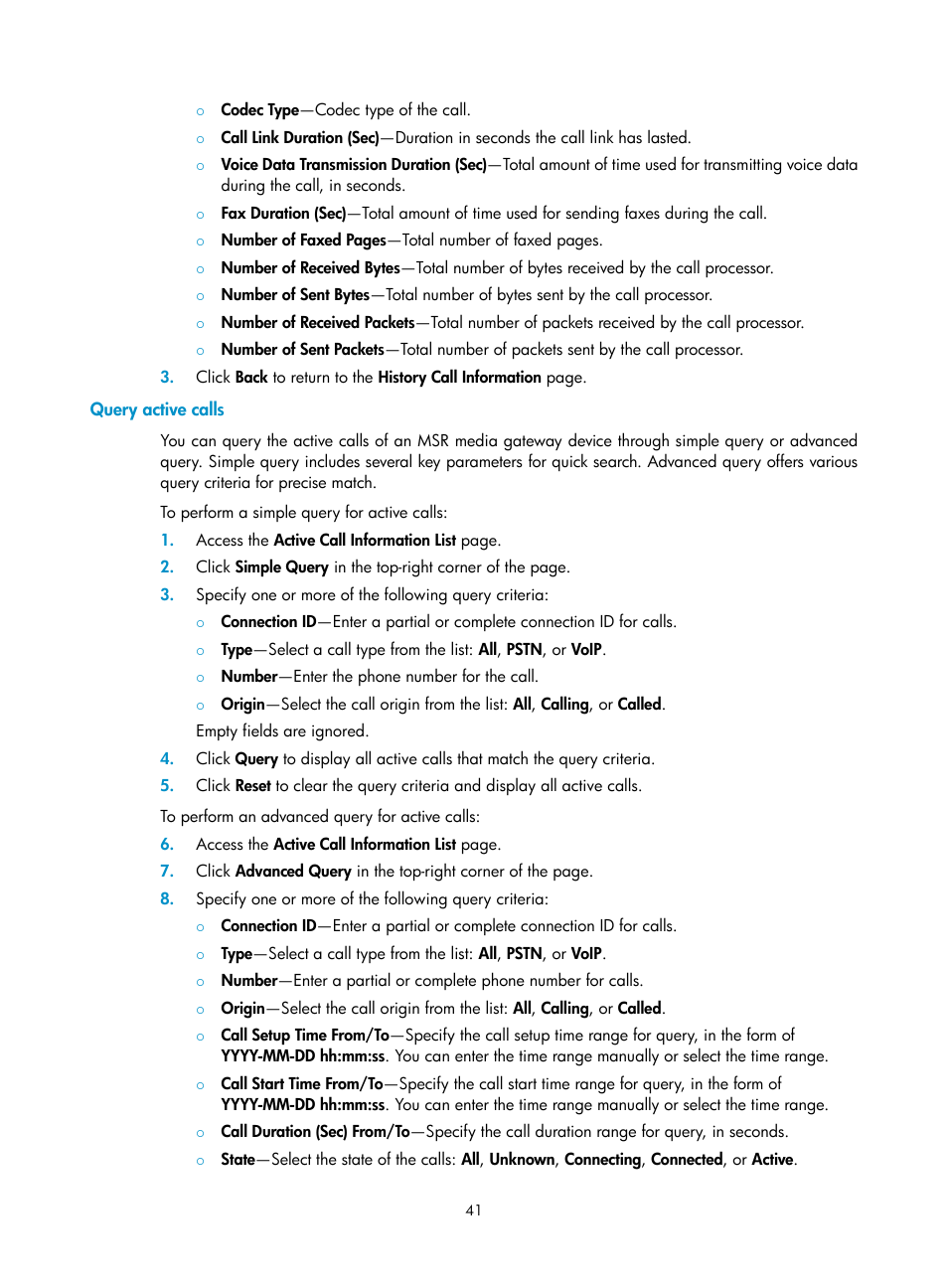 Query active calls | H3C Technologies H3C Intelligent Management Center User Manual | Page 50 / 145