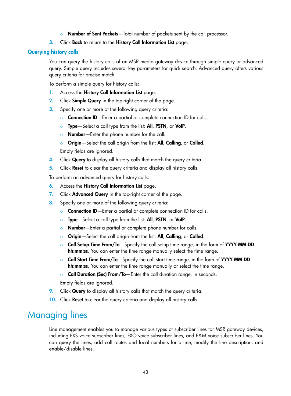 Querying history calls, Managing lines | H3C Technologies H3C Intelligent Management Center User Manual | Page 52 / 145