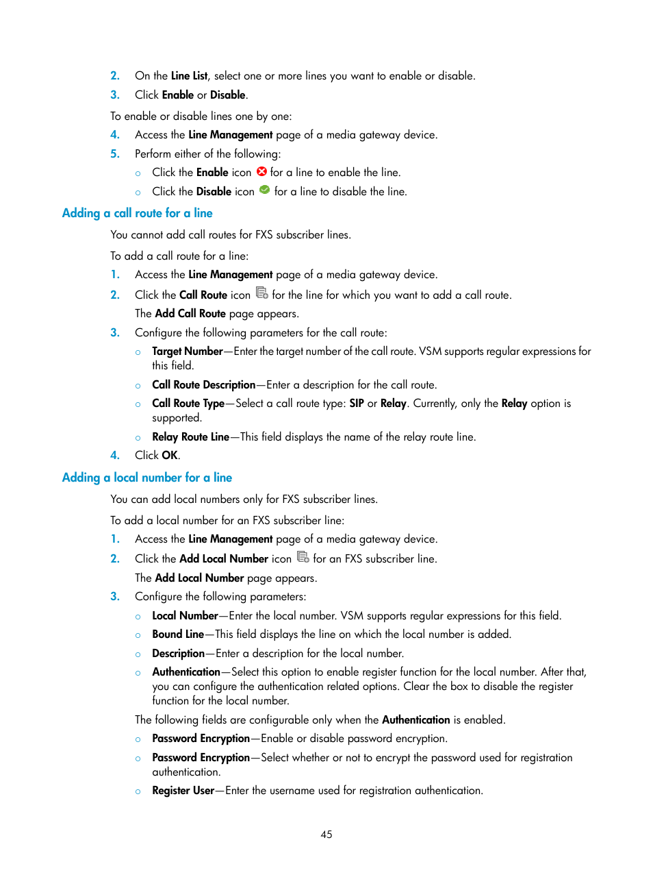 Adding a call route for a line, Adding a local number for a line | H3C Technologies H3C Intelligent Management Center User Manual | Page 54 / 145