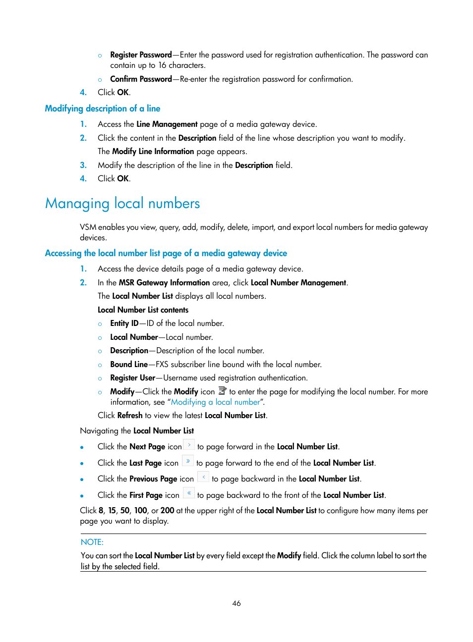 Modifying description of a line, Managing local numbers | H3C Technologies H3C Intelligent Management Center User Manual | Page 55 / 145