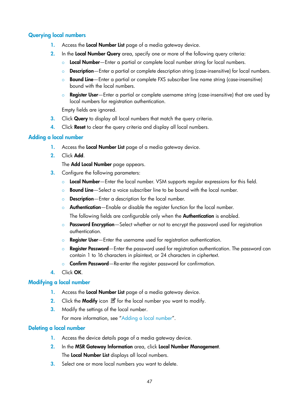 Querying local numbers, Adding a local number, Modifying a local number | Deleting a local number | H3C Technologies H3C Intelligent Management Center User Manual | Page 56 / 145