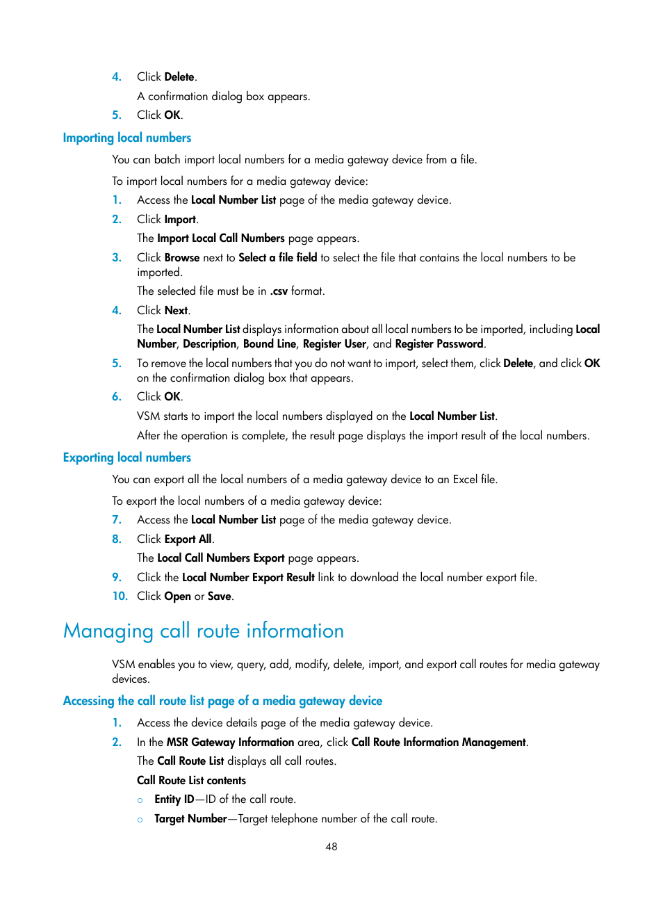 Importing local numbers, Exporting local numbers, Managing call route information | H3C Technologies H3C Intelligent Management Center User Manual | Page 57 / 145