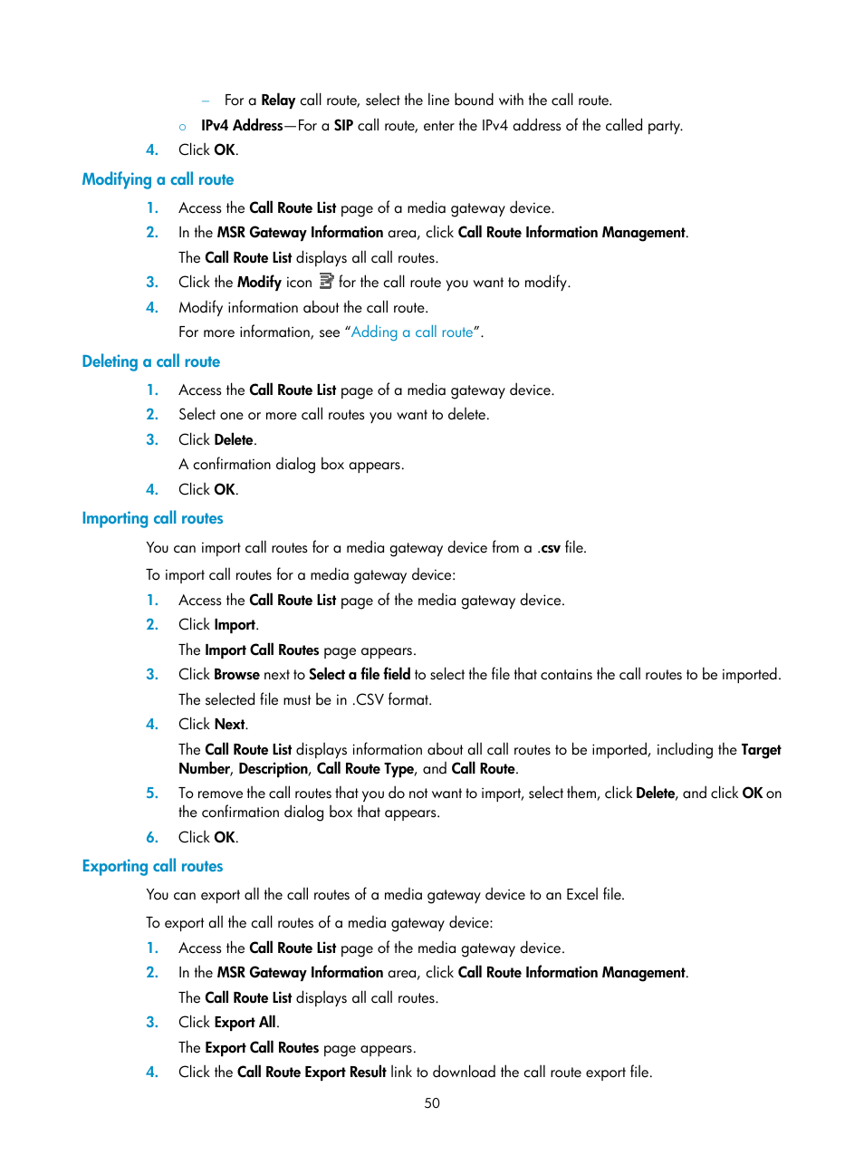 Modifying a call route, Deleting a call route, Importing call routes | Exporting call routes | H3C Technologies H3C Intelligent Management Center User Manual | Page 59 / 145