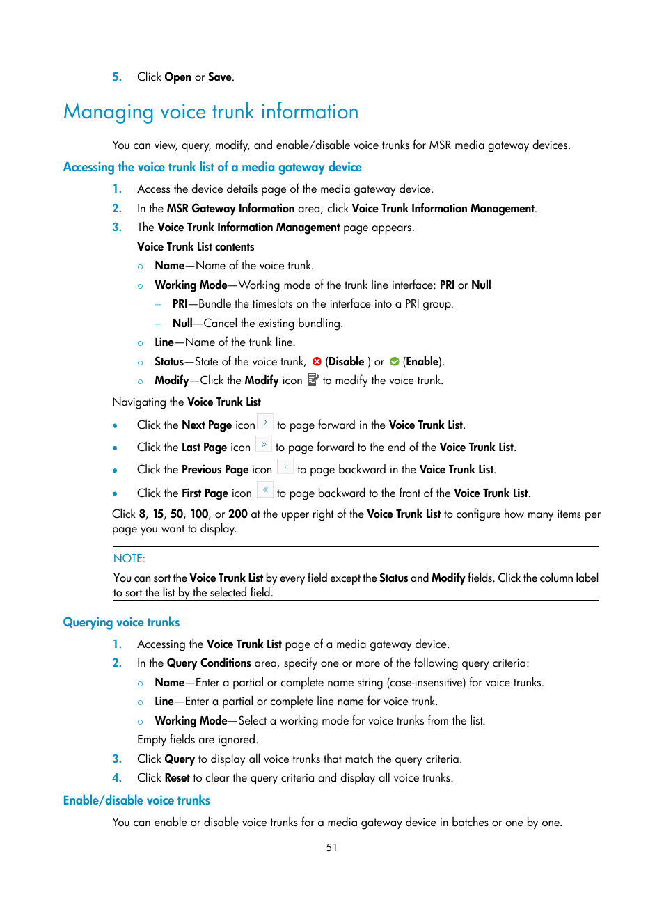 Managing voice trunk information, Querying voice trunks, Enable/disable voice trunks | H3C Technologies H3C Intelligent Management Center User Manual | Page 60 / 145