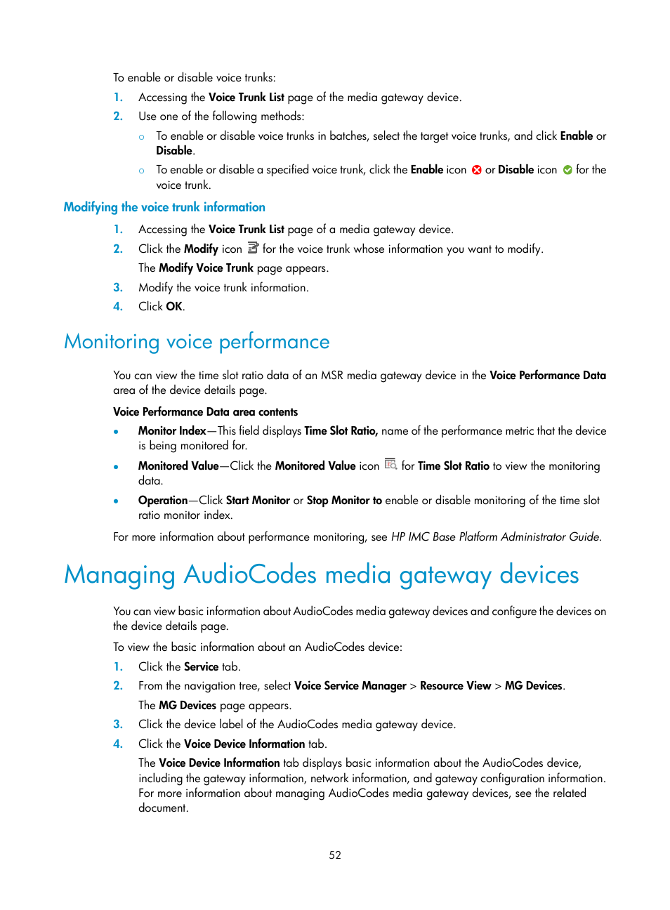 Modifying the voice trunk information, Monitoring voice performance, Managing audiocodes media gateway devices | H3C Technologies H3C Intelligent Management Center User Manual | Page 61 / 145