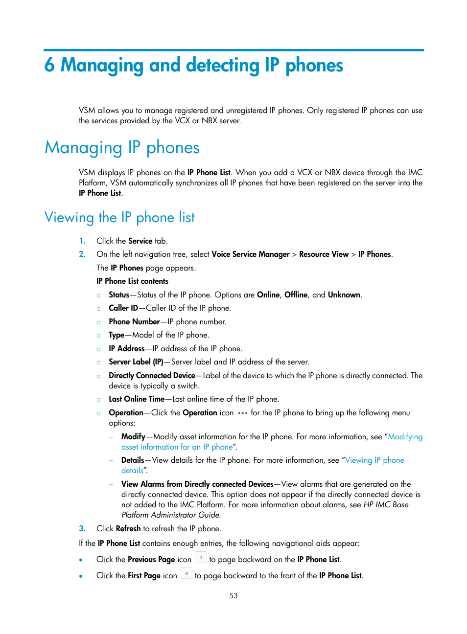 6 managing and detecting ip phones, Managing ip phones, Viewing the ip phone list | H3C Technologies H3C Intelligent Management Center User Manual | Page 62 / 145