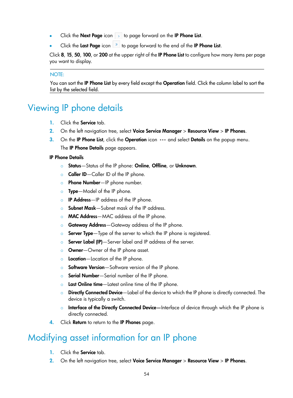 Viewing ip phone details, Modifying asset information for an ip phone, Modifying | Asset information for an ip phone, Viewing ip phone, Details | H3C Technologies H3C Intelligent Management Center User Manual | Page 63 / 145