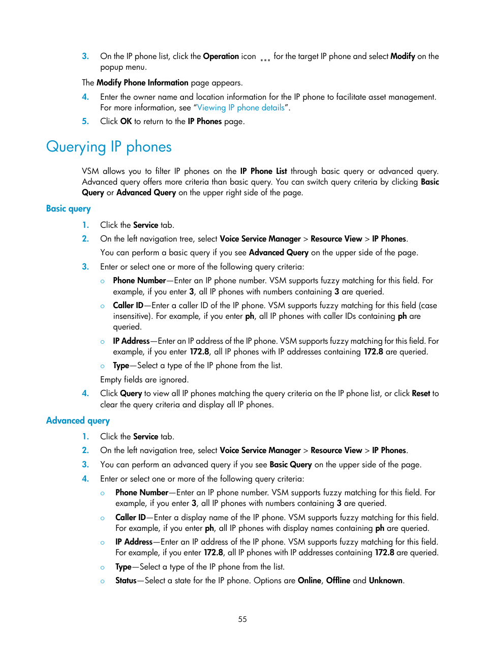 Querying ip phones, Basic query, Advanced query | H3C Technologies H3C Intelligent Management Center User Manual | Page 64 / 145