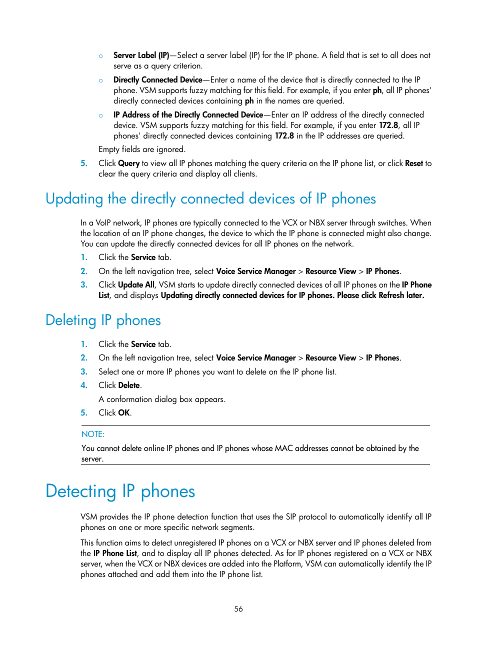 Deleting ip phones, Detecting ip phones | H3C Technologies H3C Intelligent Management Center User Manual | Page 65 / 145