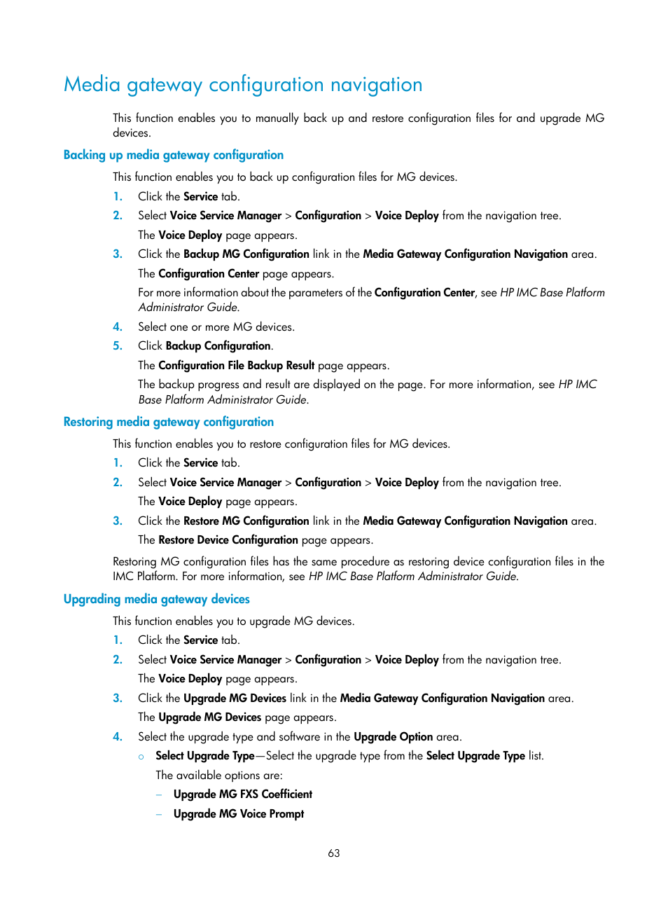 Media gateway configuration navigation, Backing up media gateway configuration, Restoring media gateway configuration | Upgrading media gateway devices | H3C Technologies H3C Intelligent Management Center User Manual | Page 72 / 145